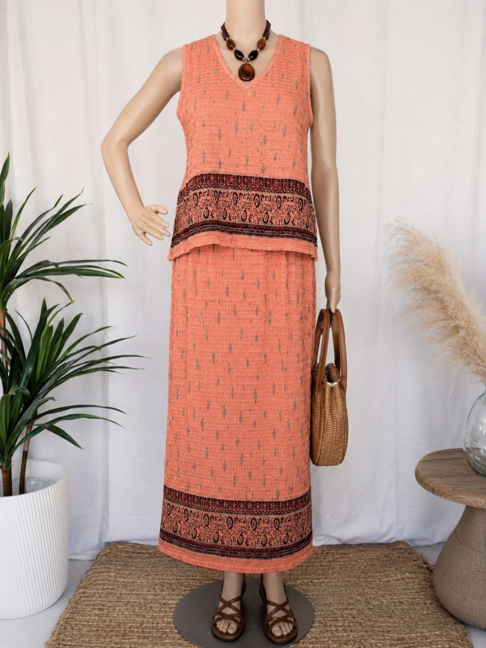 Good Clothes Coral Boho 2 Piece Matching Set Large Maxi Skirt Top